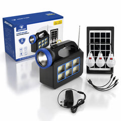 Kit Solar Portabil JORTAN T08 cu 3 Becuri LED, Panou Solar, Radio FM, Bluetooth si Powerbank 25000mAh – Sistem Iluminare Camping si Urgente