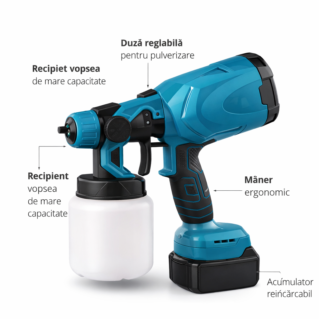 Pistol de vopsit electric fără fir 210W, 2 acumulatori Li-Ion 48V, rezervor 800 ml, pulverizare reglabilă