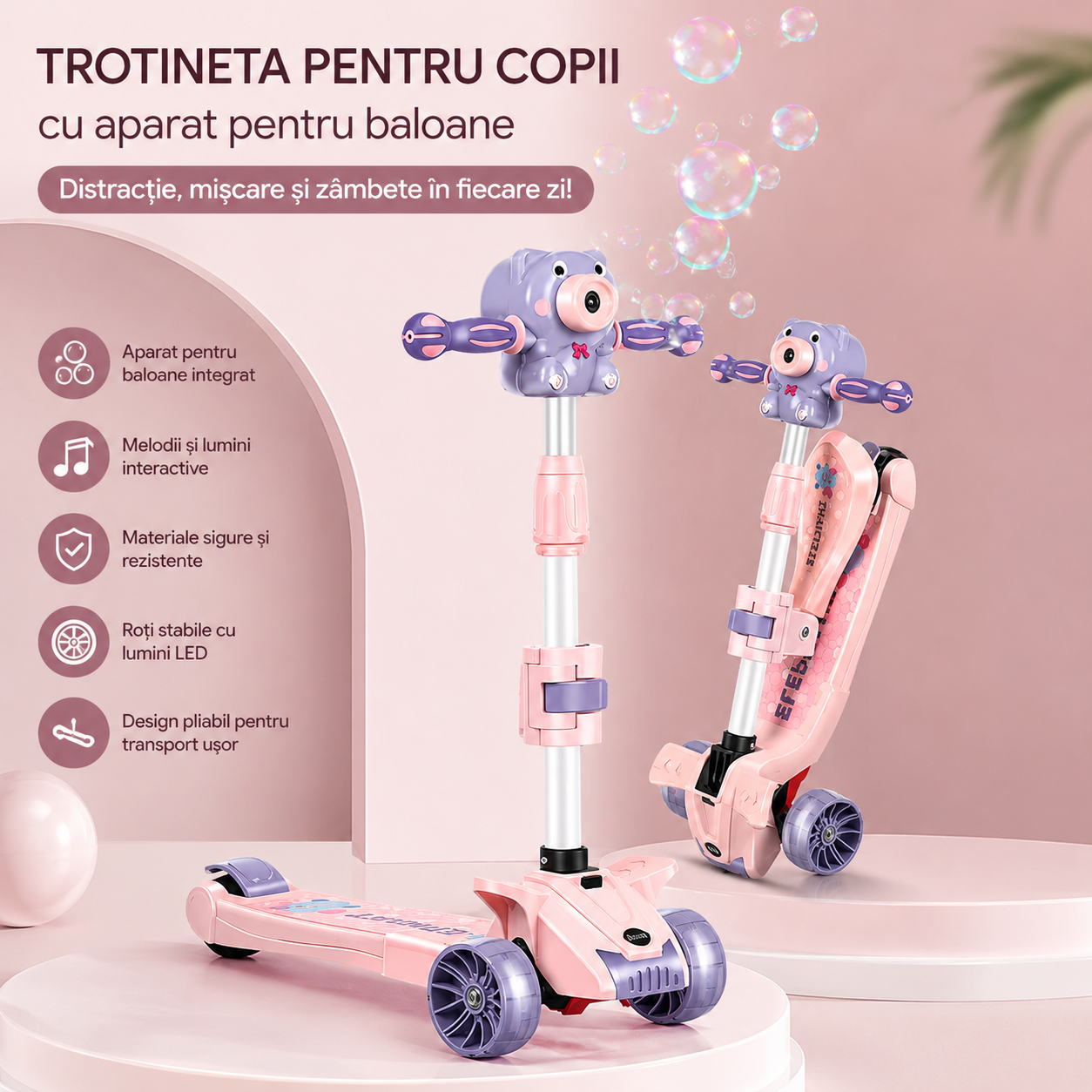 Trotineta copii 3 in 1 cu muzica, baloane de sapun si roti LED – pliabila, ghidon reglabil, scaun detasabil – Albastru & Roz