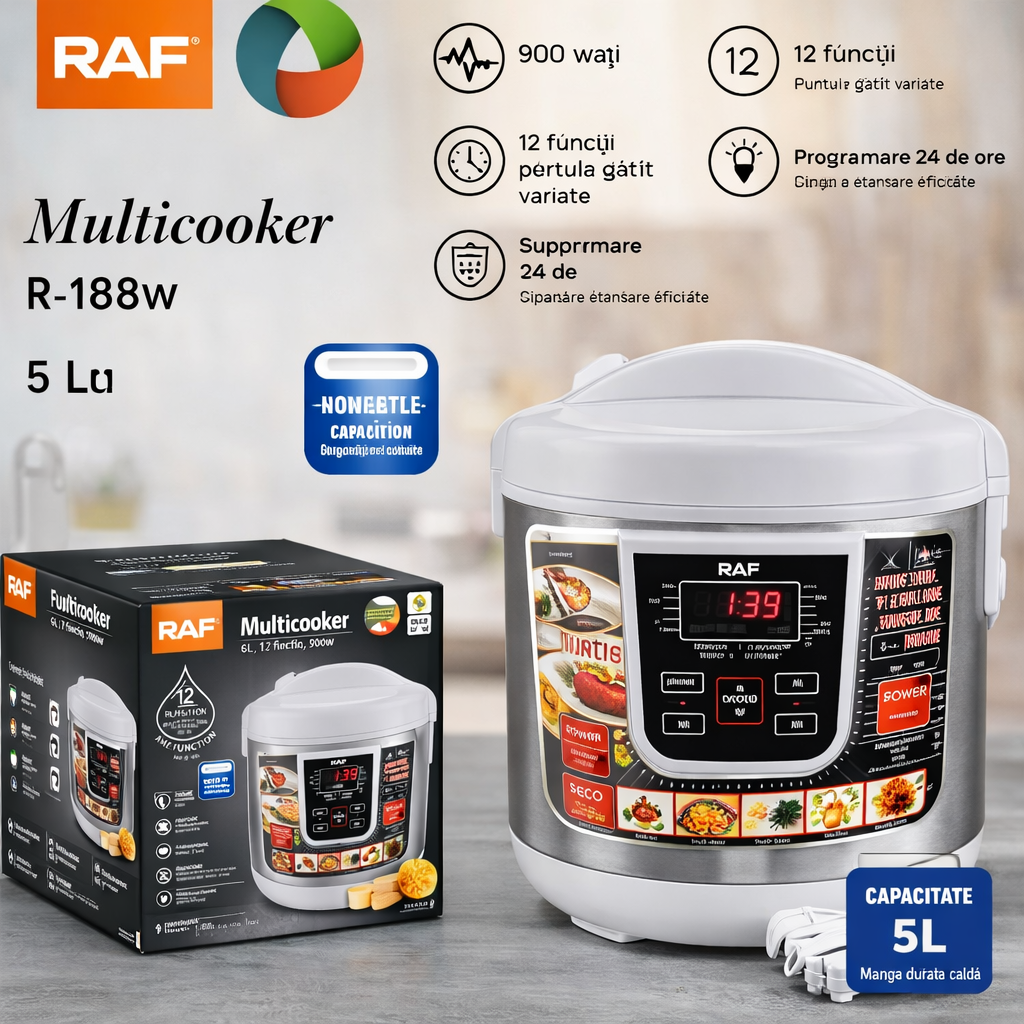 Oală multicooker RAF R166W 5L, 900W, 12 programe, afișaj digital, multifuncțională, alb