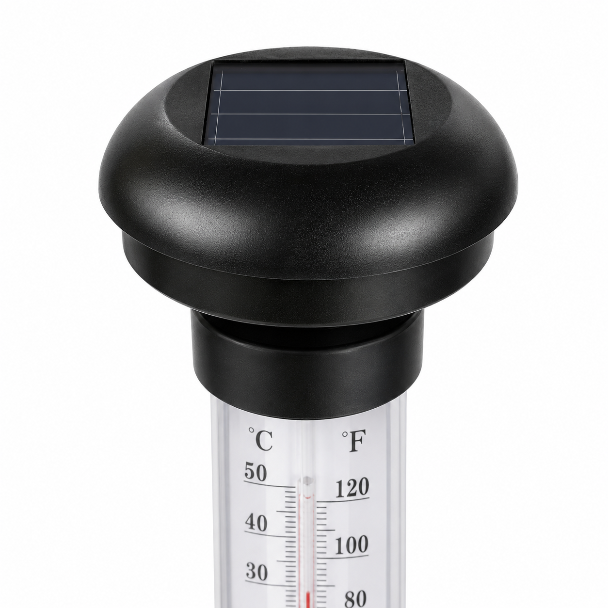 Set 2 Termometre Solare de Gradina cu Lampa LED, Afisaj Dual Celsius/Fahrenheit, Aprindere Automata, Incarcare Solara, Tarus Inclus, 35 cm, Negru