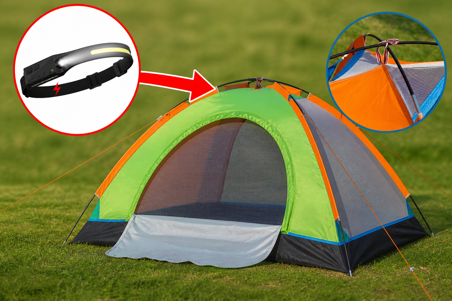 Cort Camping 3-4 Persoane 200x120X110 cm Impermeabil + Lanterna de Cap Cadou – Montare Rapida, Material Rezistent