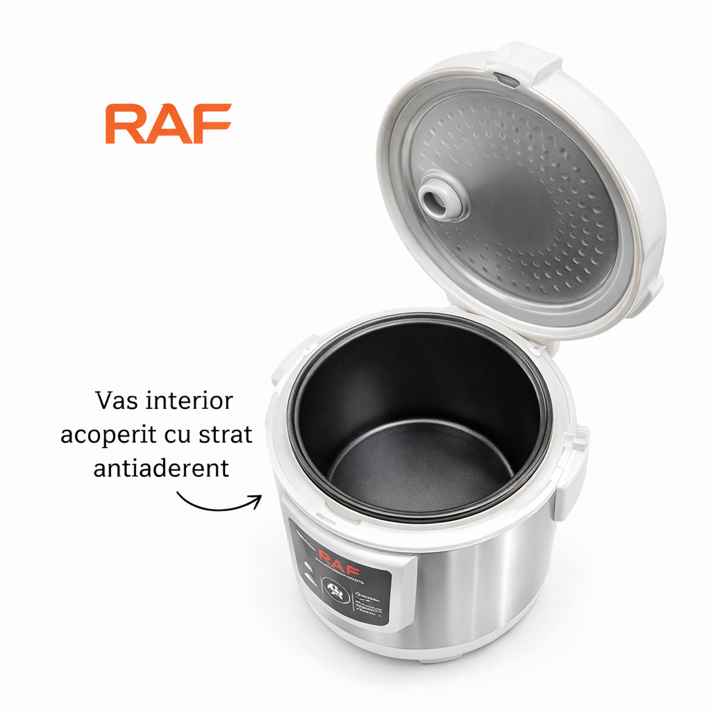 Oală multicooker RAF R166W 5L, 900W, 12 programe, afișaj digital, multifuncțională, alb