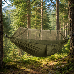 Hamac Camping cu Plasă Anti-Insecte 260x140 cm, Verde Kaki, Ultra Ușor, Portabil, cu Husă și Accesorii de Prindere