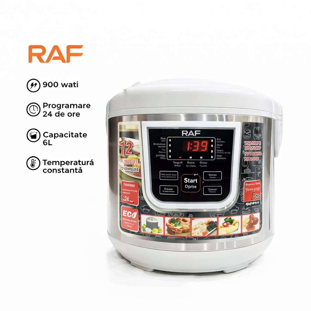 Oală multicooker RAF R166W 5L, 900W, 12 programe, afișaj digital, multifuncțională, alb