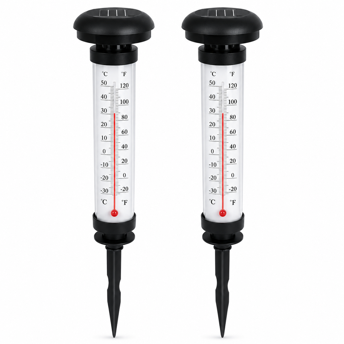 Set 2 Termometre Solare de Gradina cu Lampa LED, Afisaj Dual Celsius/Fahrenheit, Aprindere Automata, Incarcare Solara, Tarus Inclus, 35 cm, Negru
