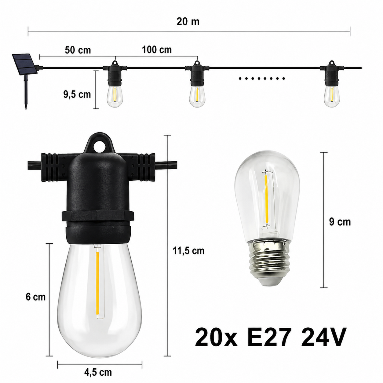 Ghirlanda solara exterior 25 metri cu 25 becuri LED E27, telecomanda, IP65 rezistenta la apa – instalatie luminoasa pentru gradina, terasa, balcon si evenimente