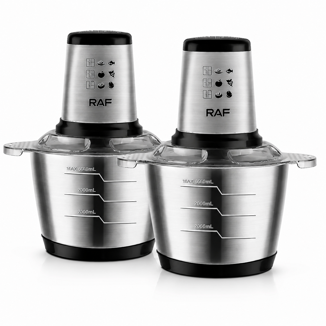 Set 2x Tocator Electric RAF R.7031, 1000W, Bol Inox 3L, 2 Viteze, 4 Lame din Otel Inoxidabil – Tocare Rapida Carne, Legume, Fructe