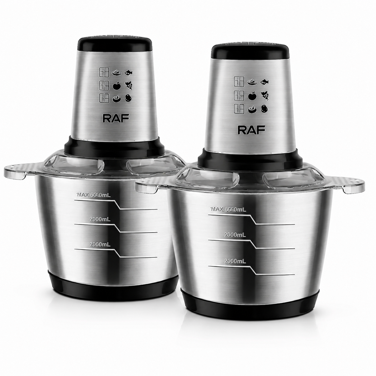 Set 2x Tocator Electric RAF R.7031, 1000W, Bol Inox 3L, 2 Viteze, 4 Lame din Otel Inoxidabil – Tocare Rapida Carne, Legume, Fructe