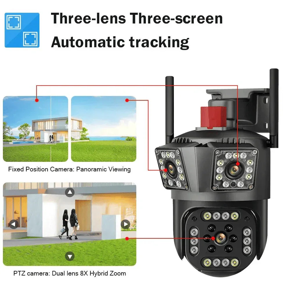 Set 2 camere triple Wi-Fi 6K, 12MP, audio bidirecțional, detecție mișcare AI, night vision, PTZ