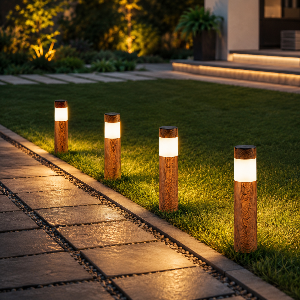 Set 4 Lampi Solare LED pentru Gradina si Alei, Aspect Lemn Natural, Aprindere Automata, Rezistente la Intemperii, Lumina Alba Calda
